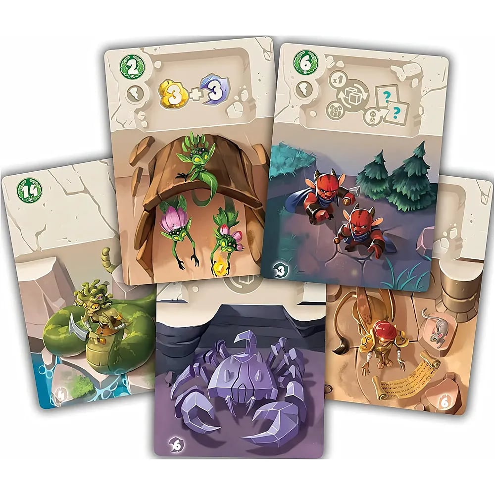 Fünf farbenfrohe Fantasiekarten zeigen mystische Kreaturen, Monster und Symbole.