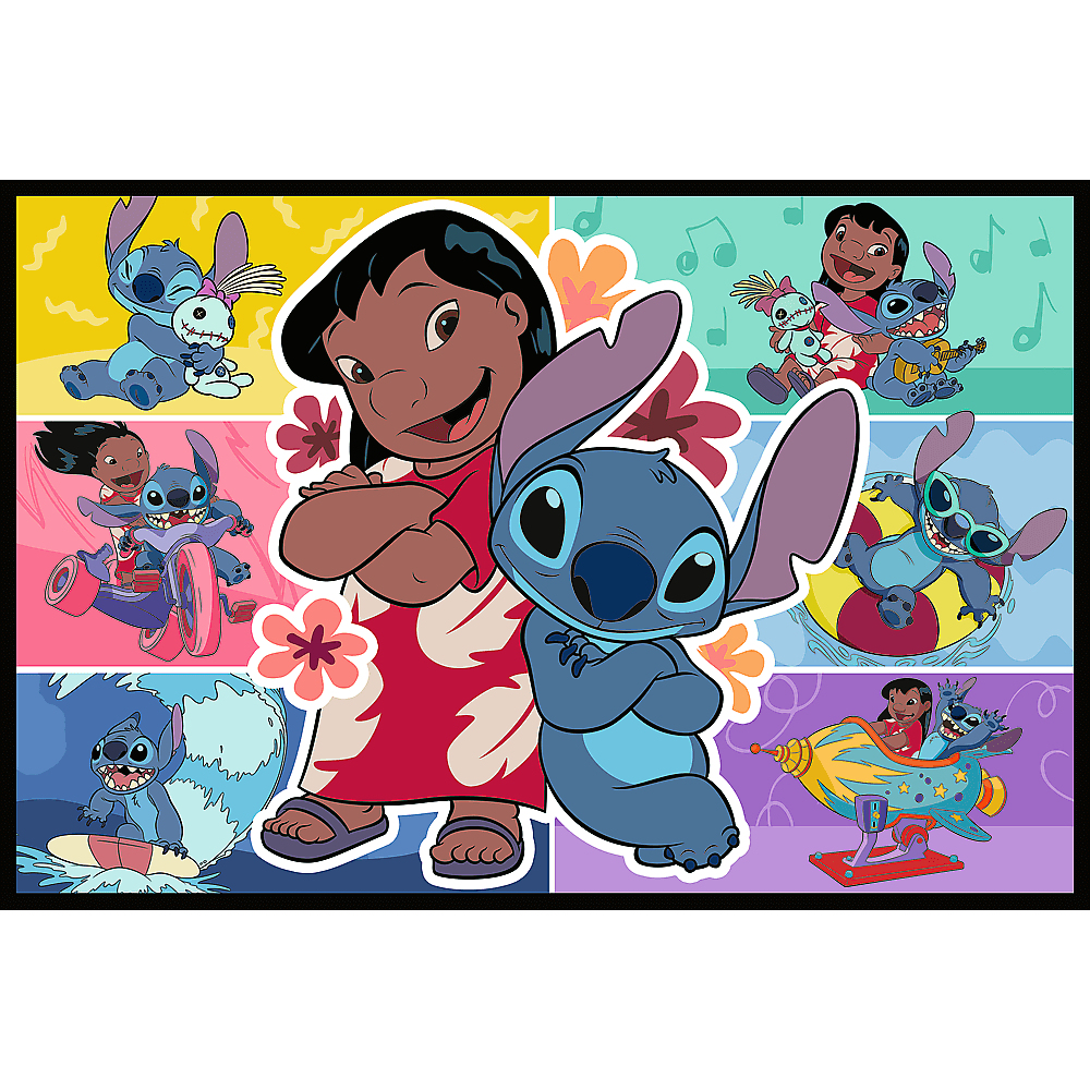 Lilo und Stitch in verschiedenen Szenen mit Blumen und bunten Hintergründen.