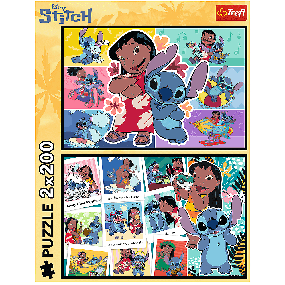 Disney Stitch Puzzle Box mit Bildern von Stitch und Lilo bei verschiedenen Aktivitäten.