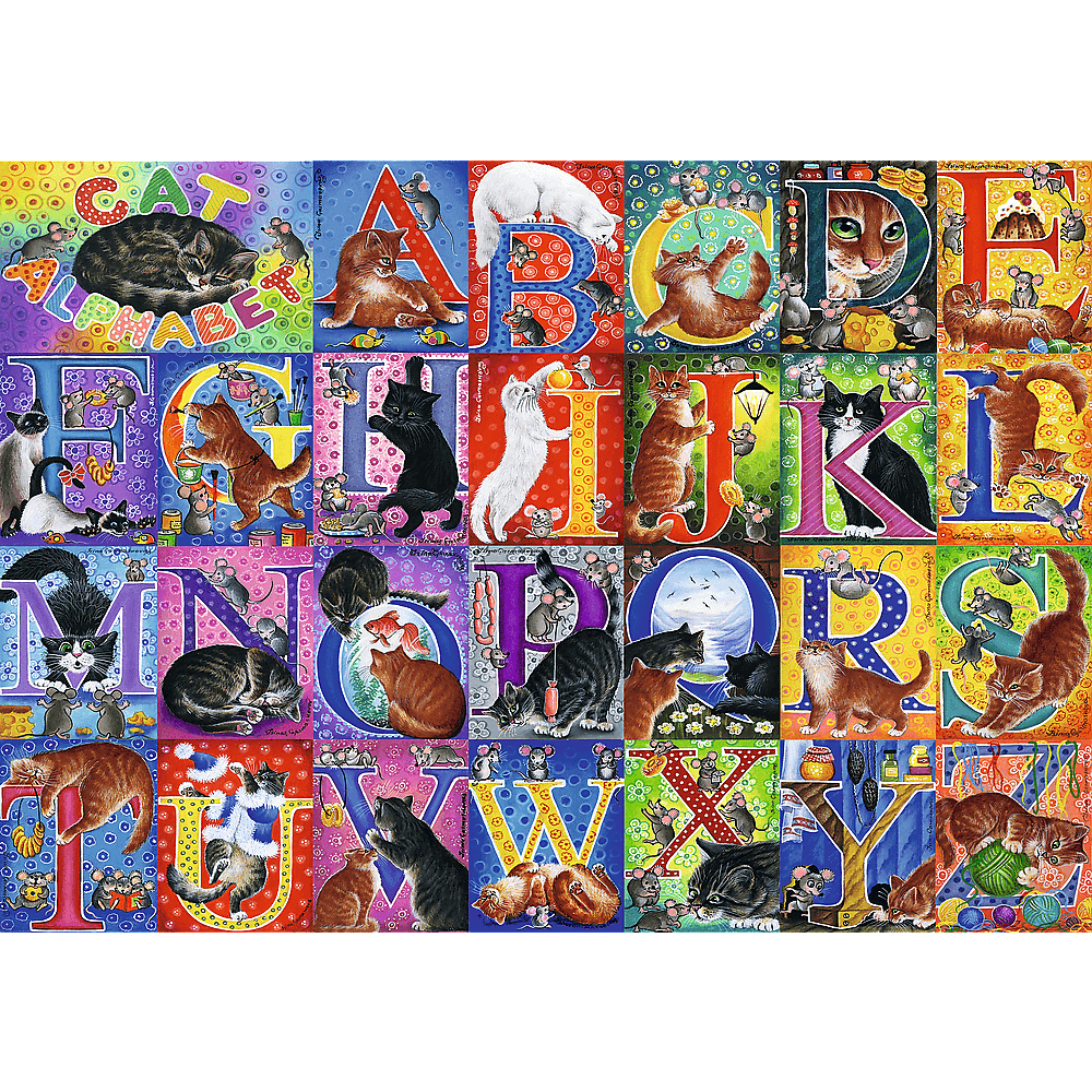 Buntes Katzen-Alphabet mit verspielten Katzen und Mäusen in jeder Buchstaben-Szene.