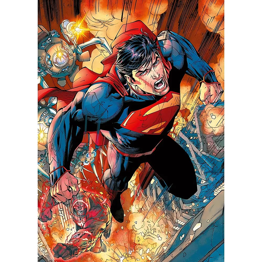 Superman im roten und blauen Anzug fliegt mit wütendem Gesichtsausdruck durch ein zerstörtes Gebiet.