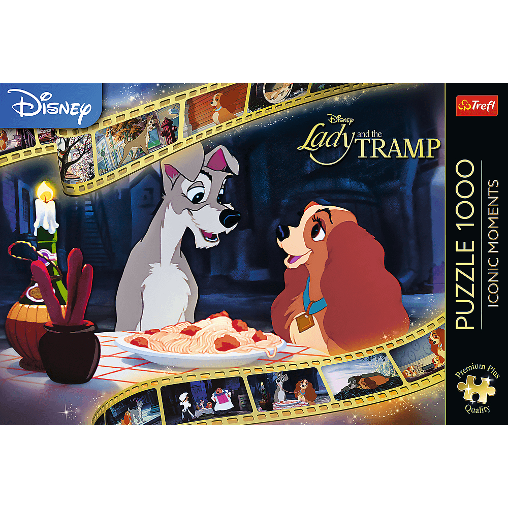 Susi und Strolch Puzzle-Verpackung zeigt die berühmte Spaghetti-Szene mit Kerzenschein.