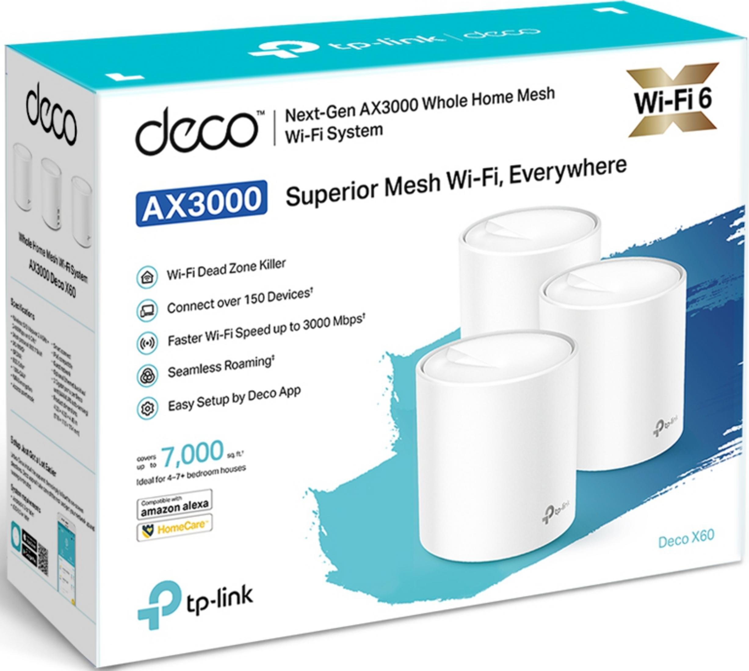 Caja blanca y azul del sistema Wi-Fi Mesh TP-Link Deco X60 AX3000, con tres routers cilíndricos.