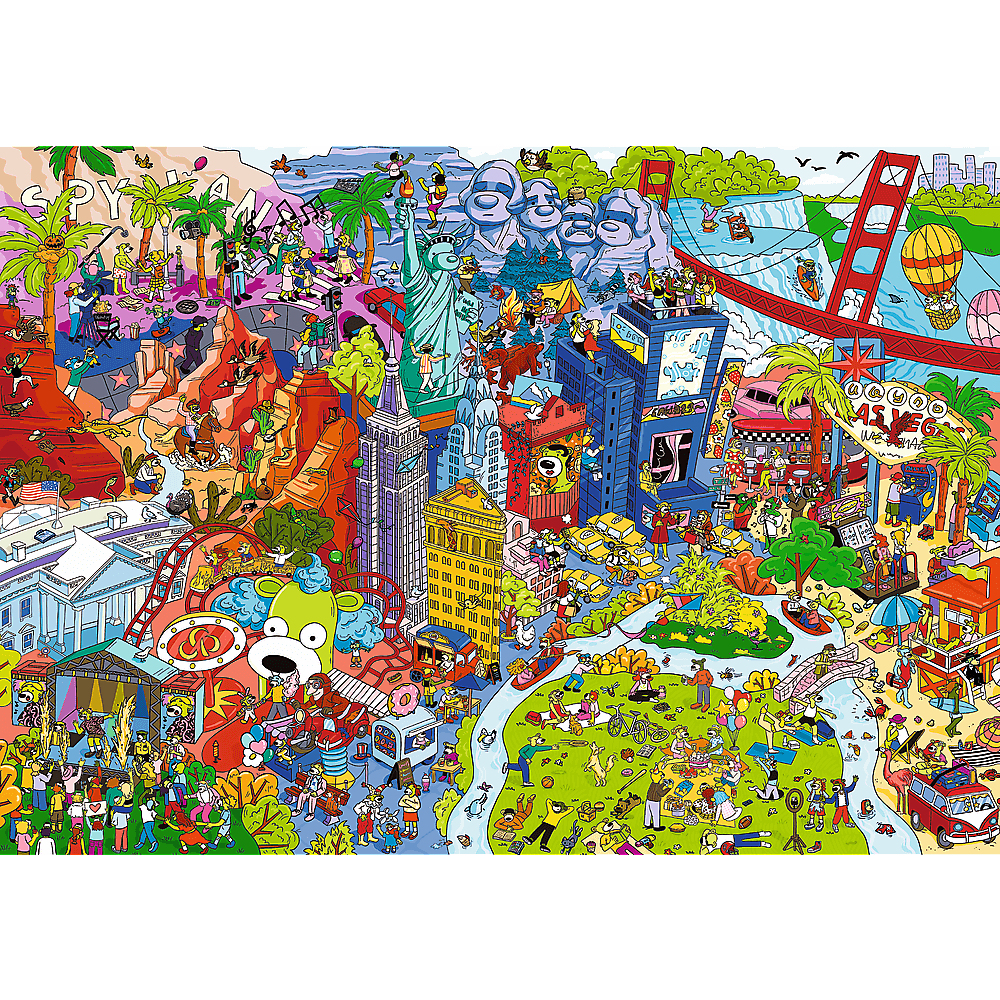 Eine bunte, geschäftige Cartoon-Illustration mit berühmten US-Wahrzeichen, Städten, Landschaften und vielen kleinen Figuren.