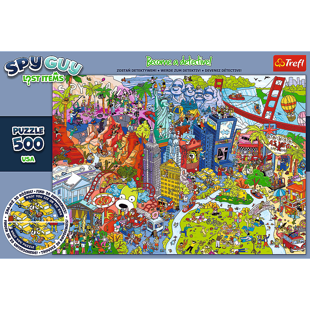 Wimmelbild-Puzzle mit US-Motiven und berühmten Sehenswürdigkeiten.