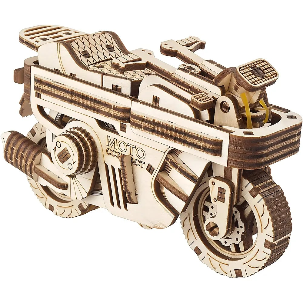 Ein detailreiches, zusammengebautes 3D-Holzpuzzle in Form eines Motorrads mit der Aufschrift MOTO.
