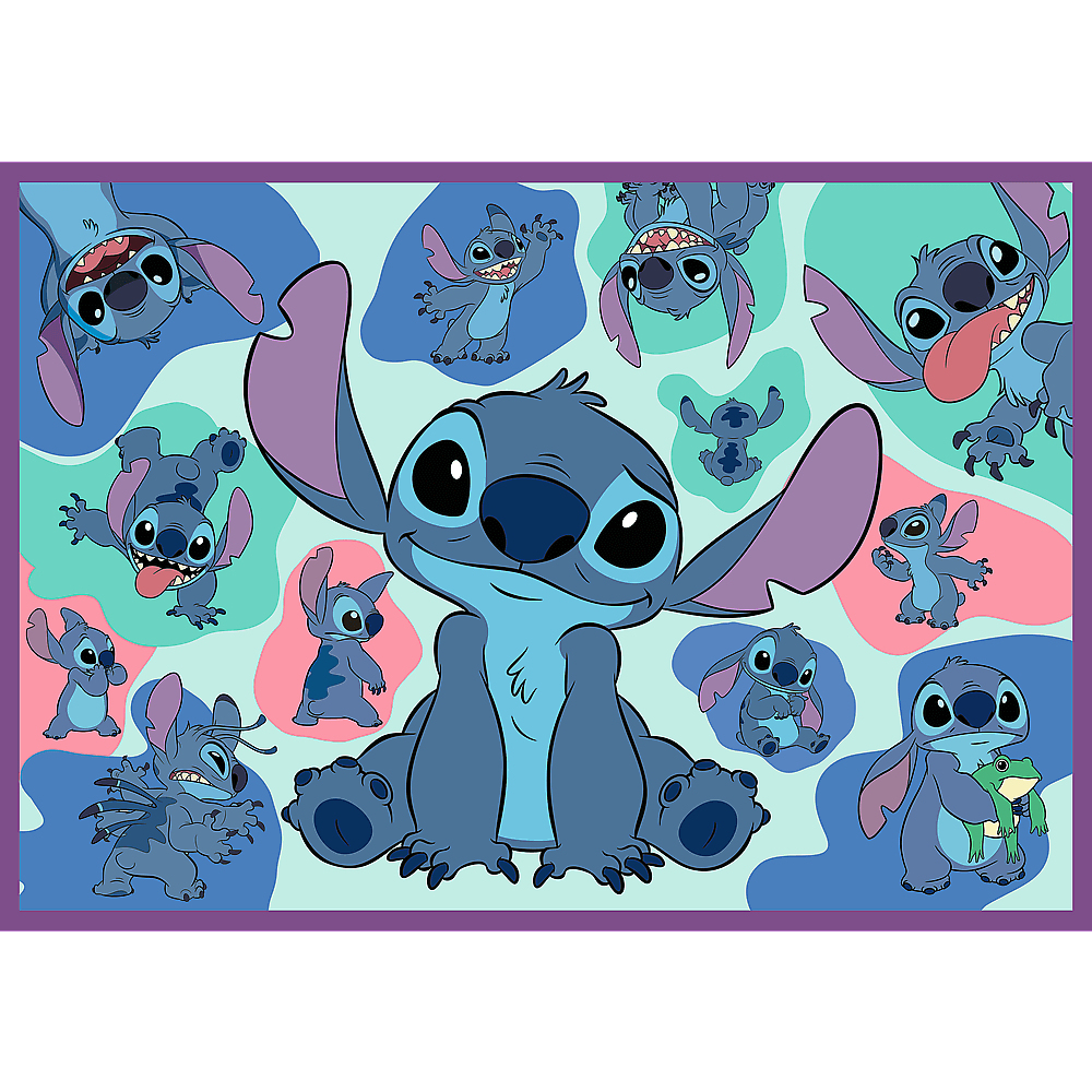 Eine Collage mit Stitch aus Lilo und Stitch in verschiedenen Posen vor einem bunten Hintergrund.