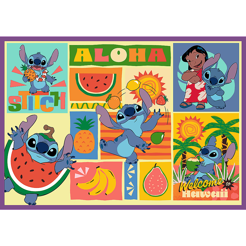 Buntes Disney Stitch Hawaii Design mit Früchten wie Wassermelone, Ananas und Bananen in verschiedenen Paneelen.