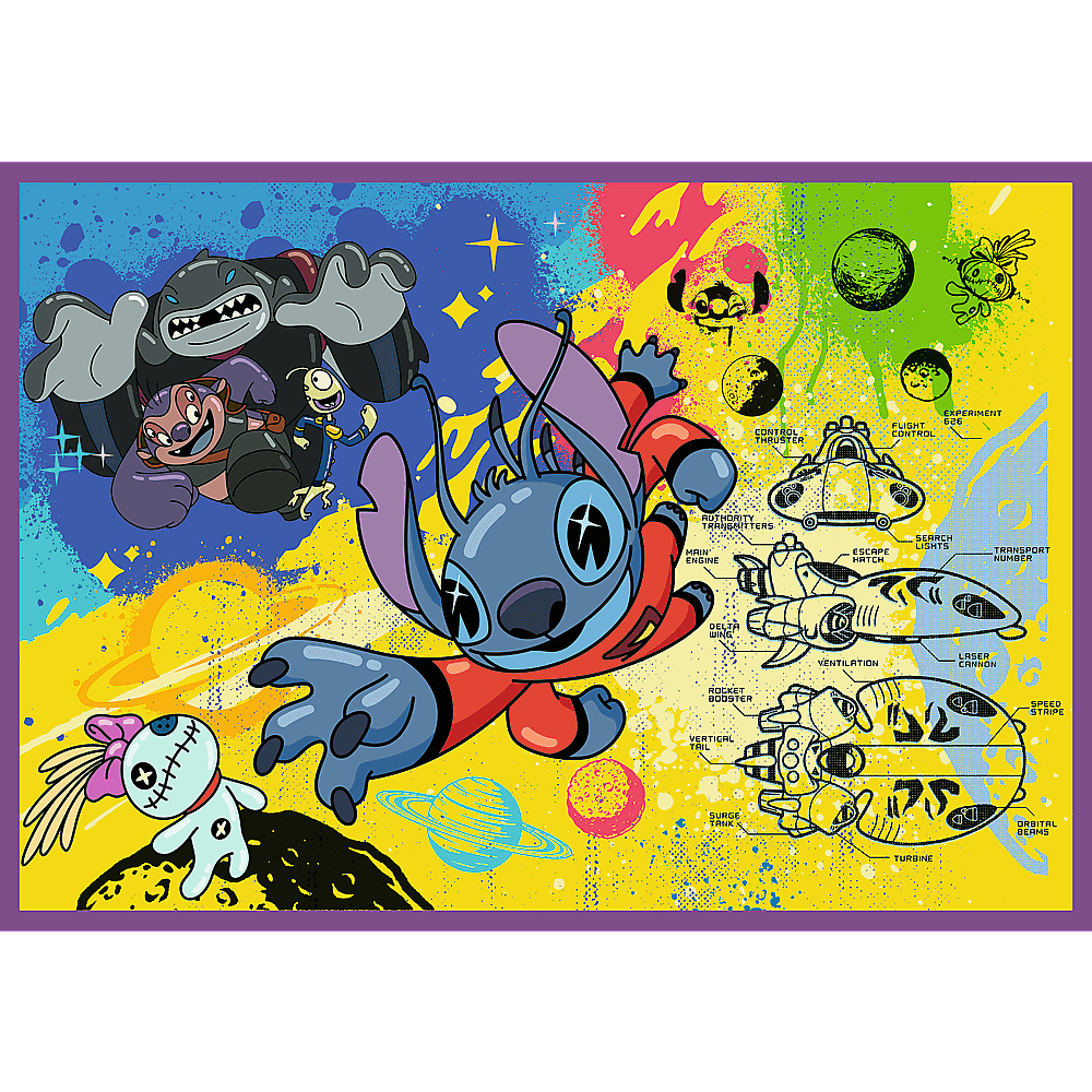 Stitch aus Disneys Lilo & Stitch fliegt im Weltraum mit verschiedenen Charakteren und Raumschiffen.