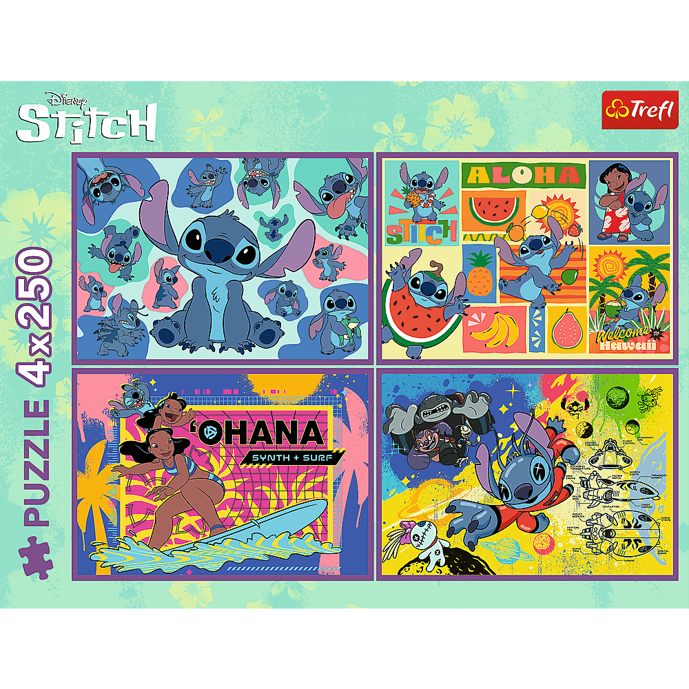 Eingepacktes Disney Stitch Puzzle mit vier bunten Szenen mit Stitch und Lilo.