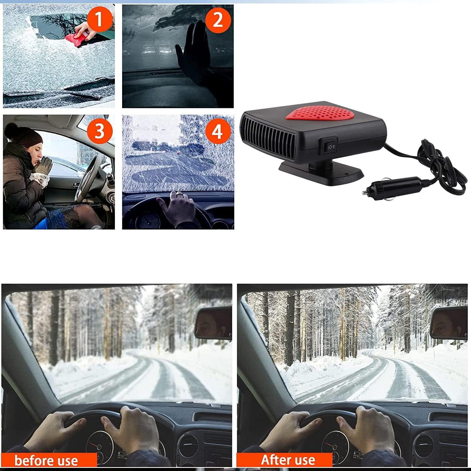 Ein tragbares Autoheizgerät mit Zigarettenanzünder zeigt die Enteisung der Windschutzscheibe im Winter.