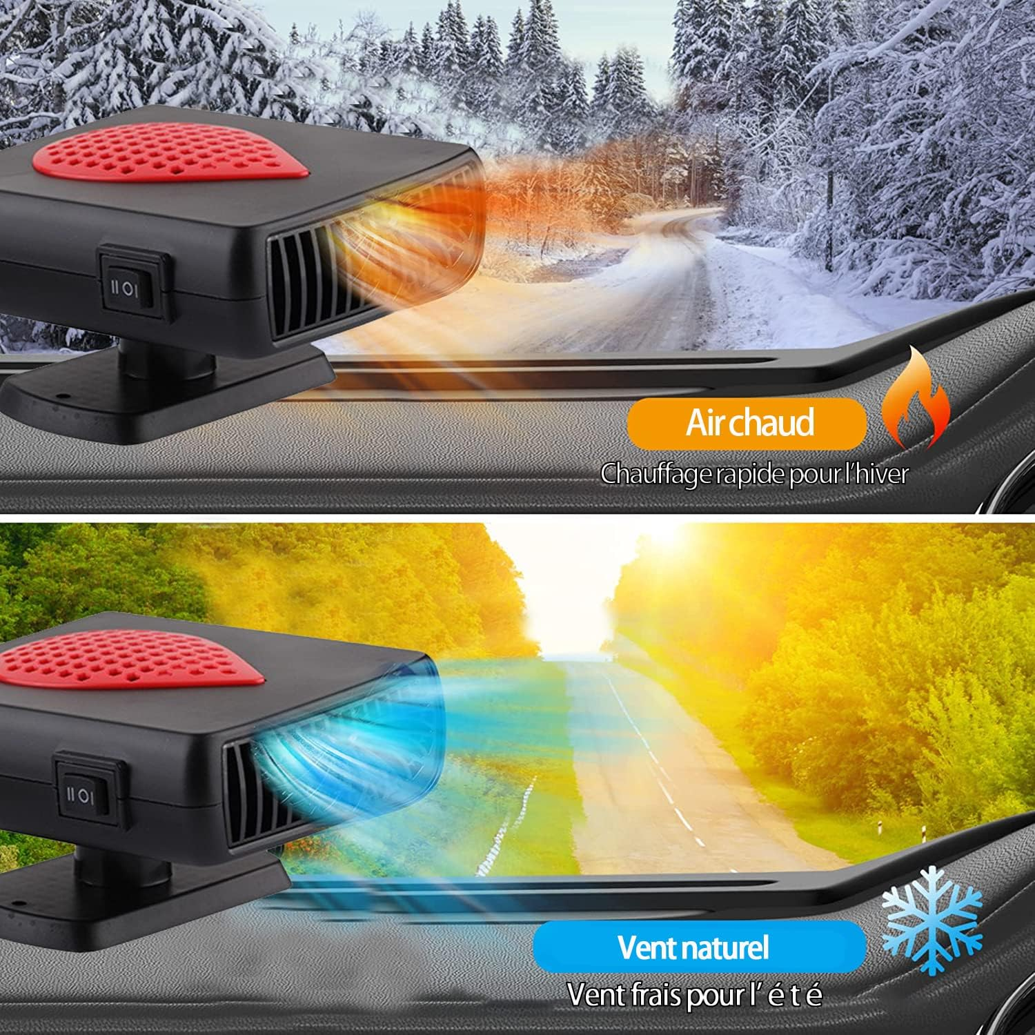 Tragbarer Autoheiz- und Kühlerlüfter auf einem Armaturenbrett, der warme oder kühle Luft ausbläst.