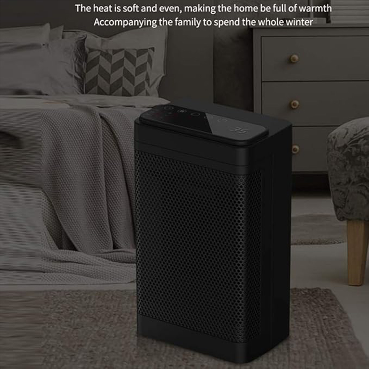 Ein schwarzer Heizlüfter steht auf einem Teppich in einem Schlafzimmer mit Bett und Kommode.