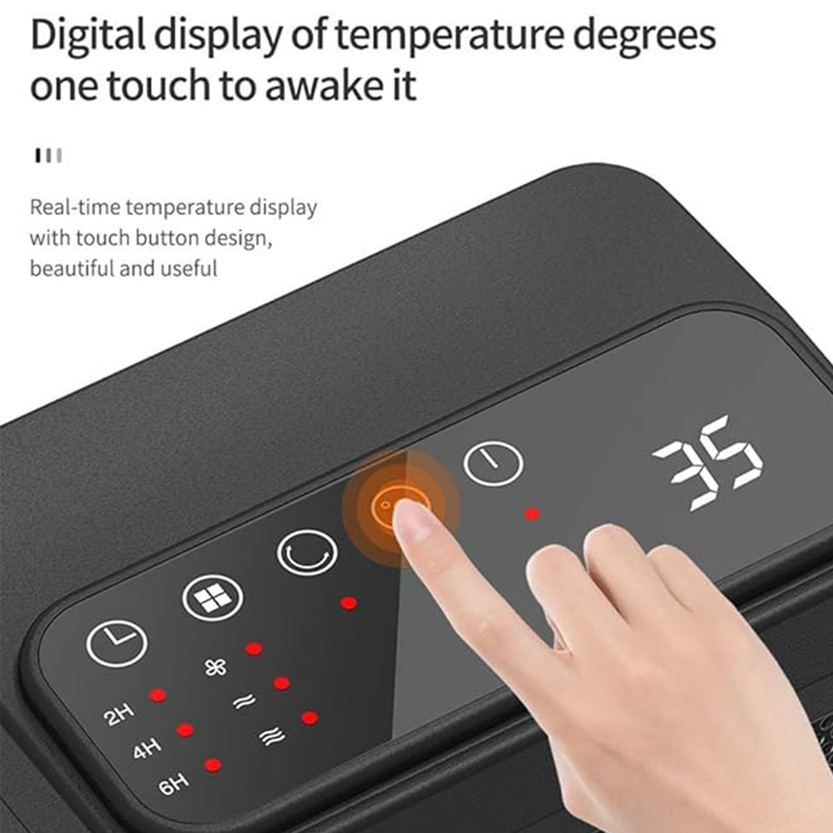 Hand berührt das Touchpanel eines schwarzen Geräts mit digitaler Temperaturanzeige.