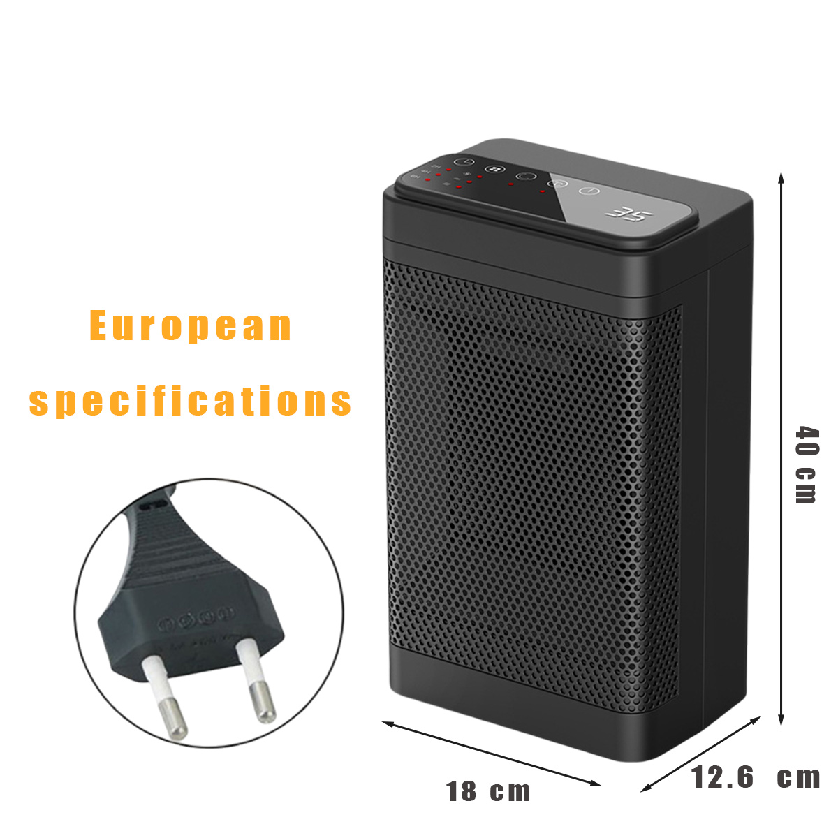 Schwarzer Raumheizer mit digitalem Display, Maßen 18x12,6x40 cm und einem europäischen Stecker.