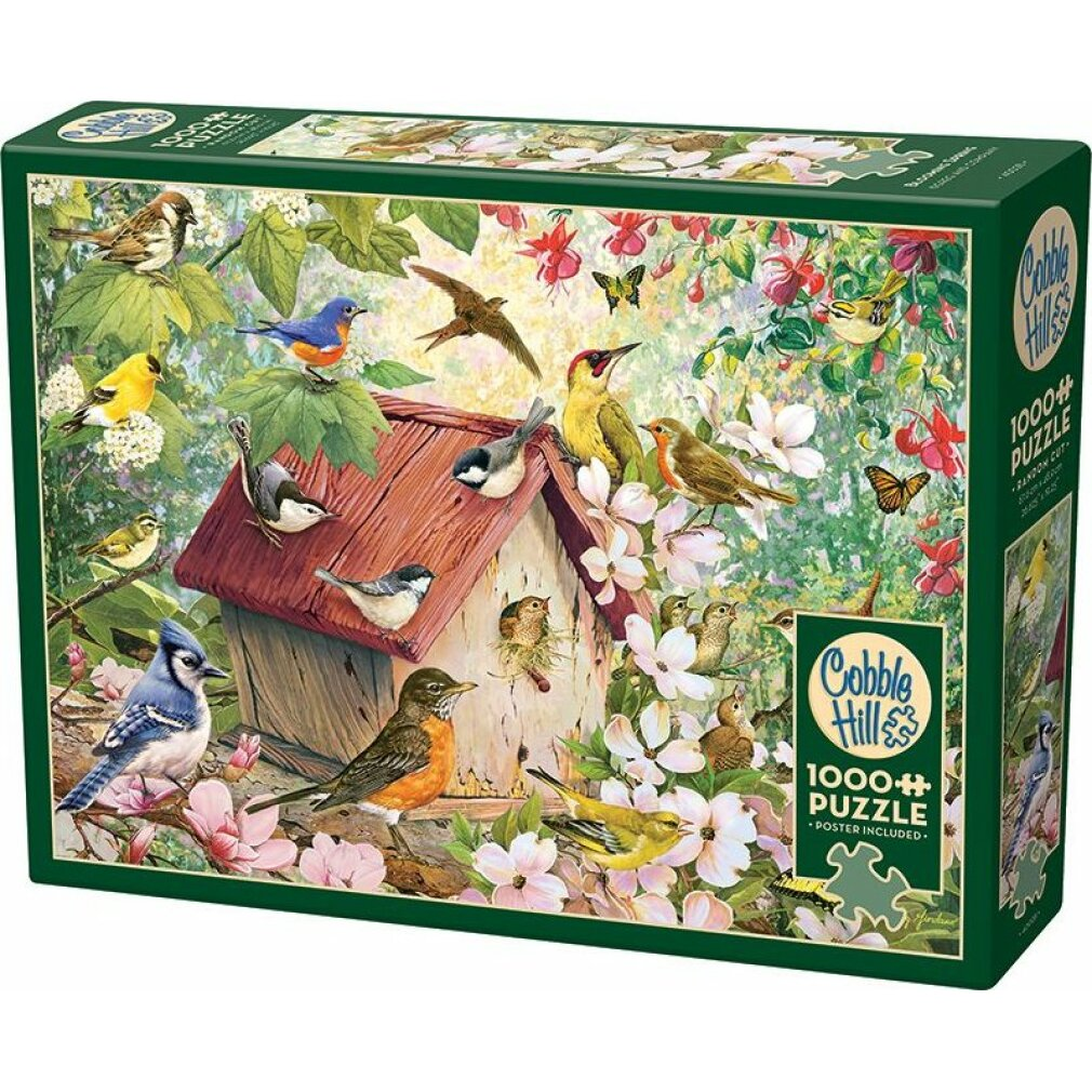 Ein Jigsaw-Puzzle-Karton mit einer bunten Szene von verschiedenen Vögeln, die ein hölzernes Vogelhaus im Frühling umgeben.