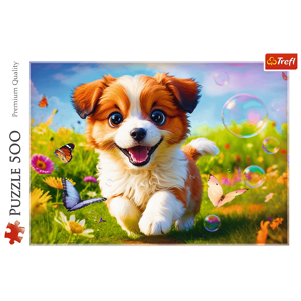 Ein glücklicher Hund läuft durch eine blühende Wiese voller Schmetterlinge und Seifenblasen.