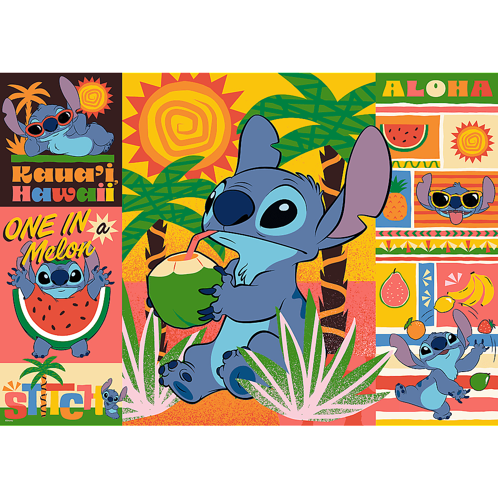 Stitch aus Lilo und Stitch trinkt aus einer Kokosnuss vor einer bunten tropischen Hawaii-Szene.