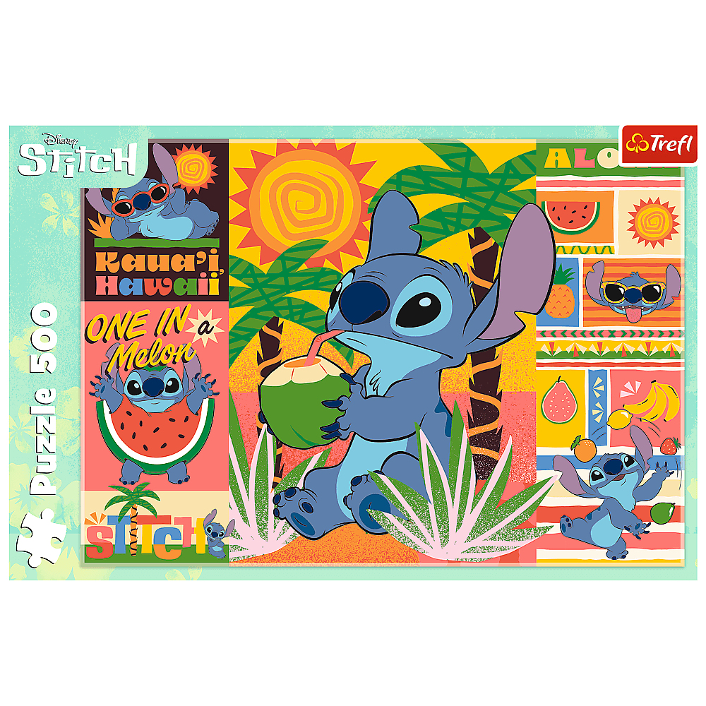 Buntes Disney Stitch Puzzle mit tropischen Motiven, Palmen, Wassermelonen und Stitch, der aus einer Kokosnuss trinkt.