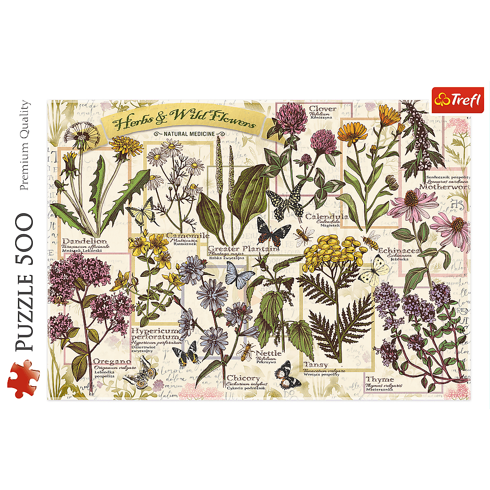 Ein botanisches Puzzleschachtelcover mit illustrierten Kräutern, Wildblumen und Schmetterlingen.