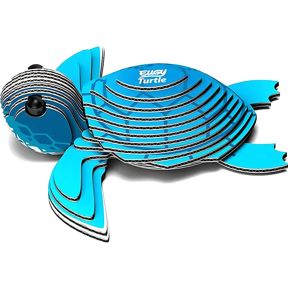 Un modèle de tortue en carton 3D bleu d'Eugy sur fond blanc.
