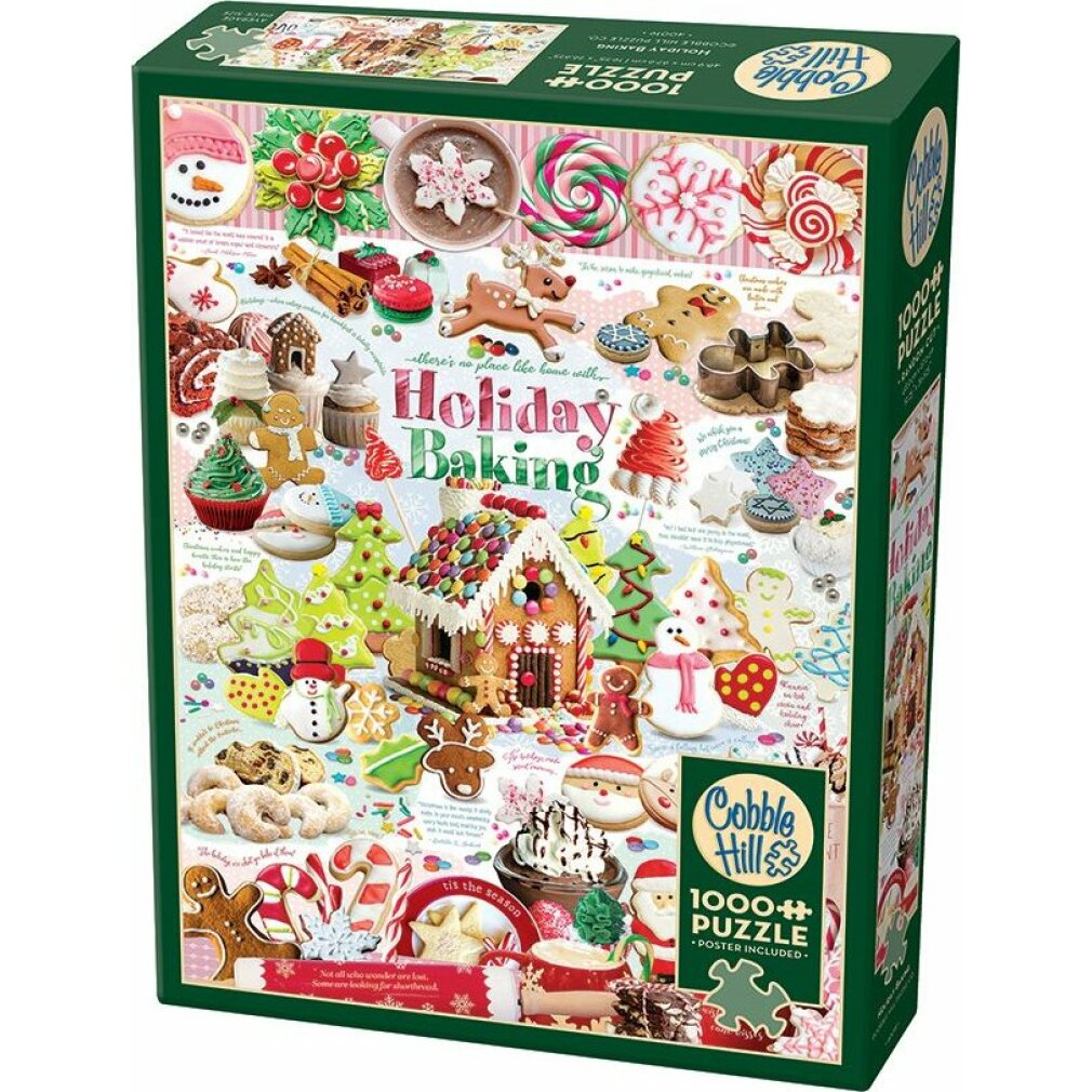 Eine Cobble Hill Puzzle Schachtel mit vielen festlichen Weihnachtsplätzchen, einem Lebkuchenhaus und Süßigkeiten.