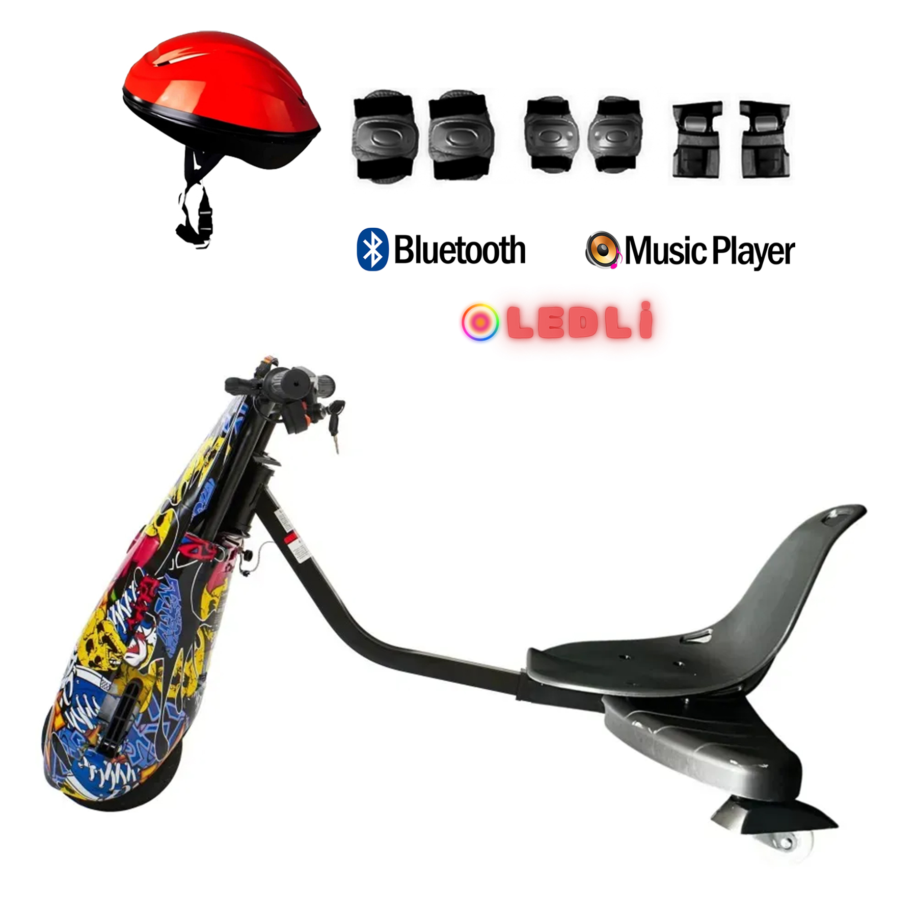 Beyaz arka planda kask, koruyucular, Bluetooth ve müzik çalarlı renkli bir drift trike.