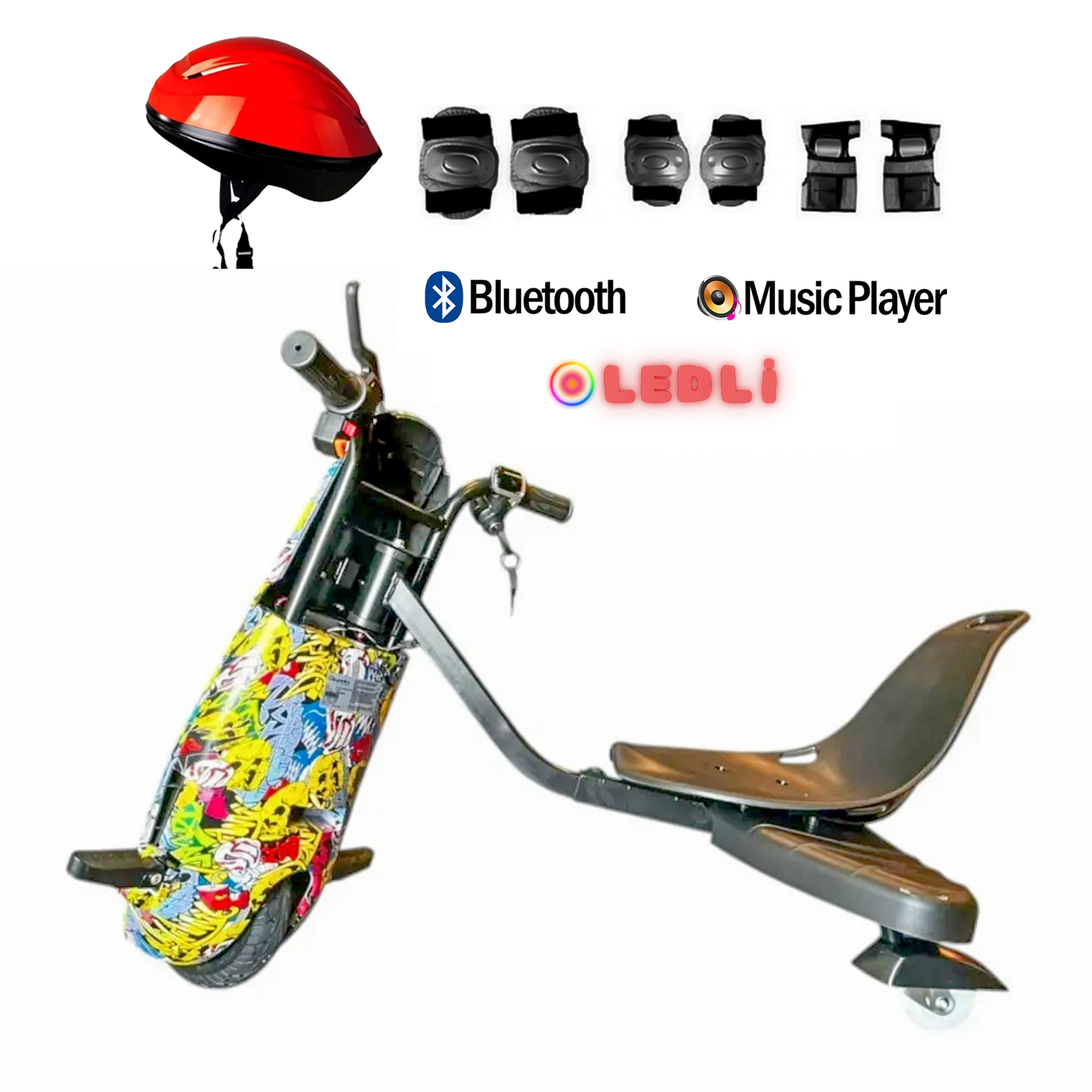 Kırmızı kasklı, korumalı ve Bluetooth simgeli renkli elektrikli üç tekerlekli bisiklet.