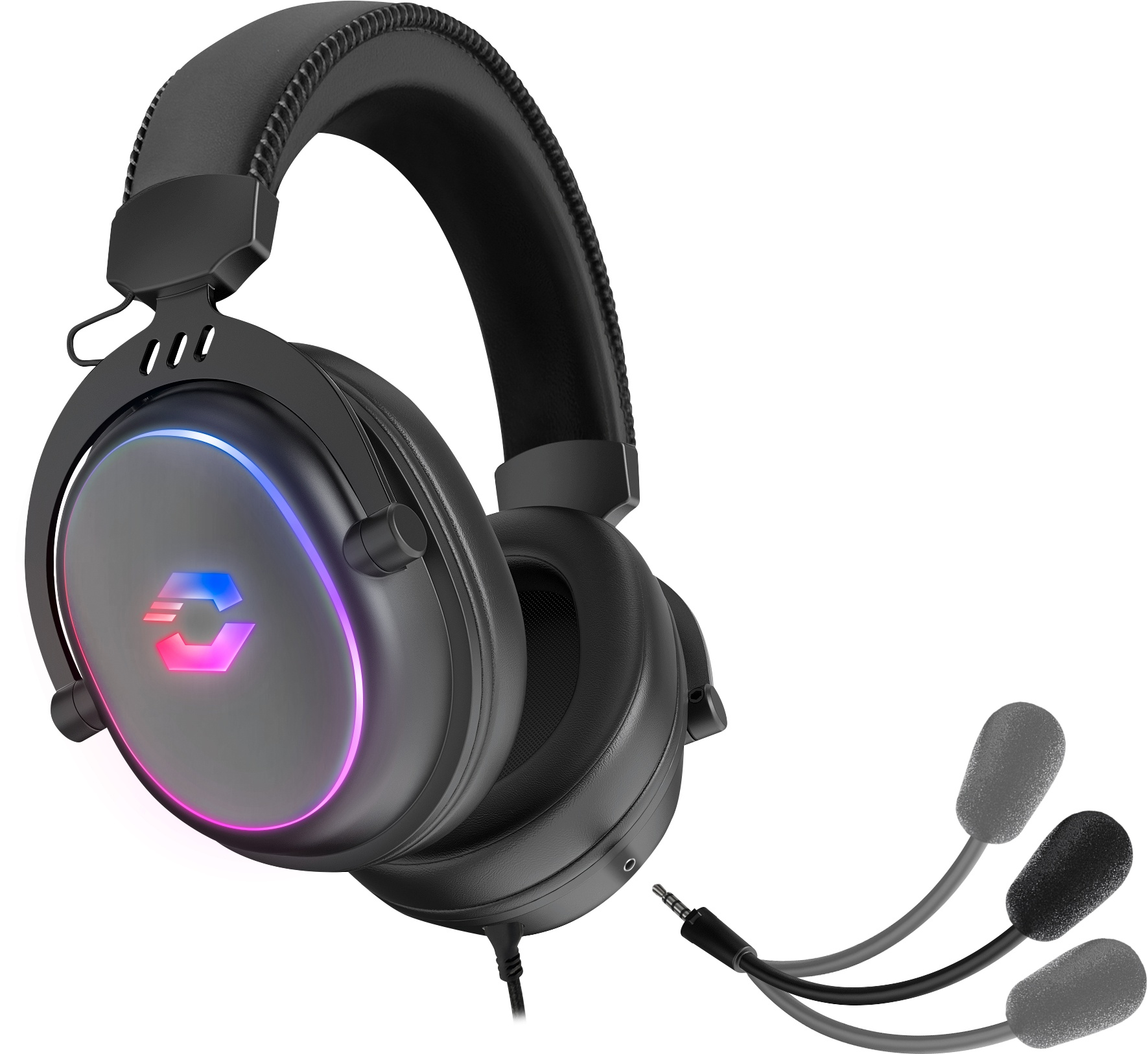 Schwarzes Gaming-Headset mit leuchtenden RGB-Ohrmuscheln und abnehmbaren Mikrofonen.
