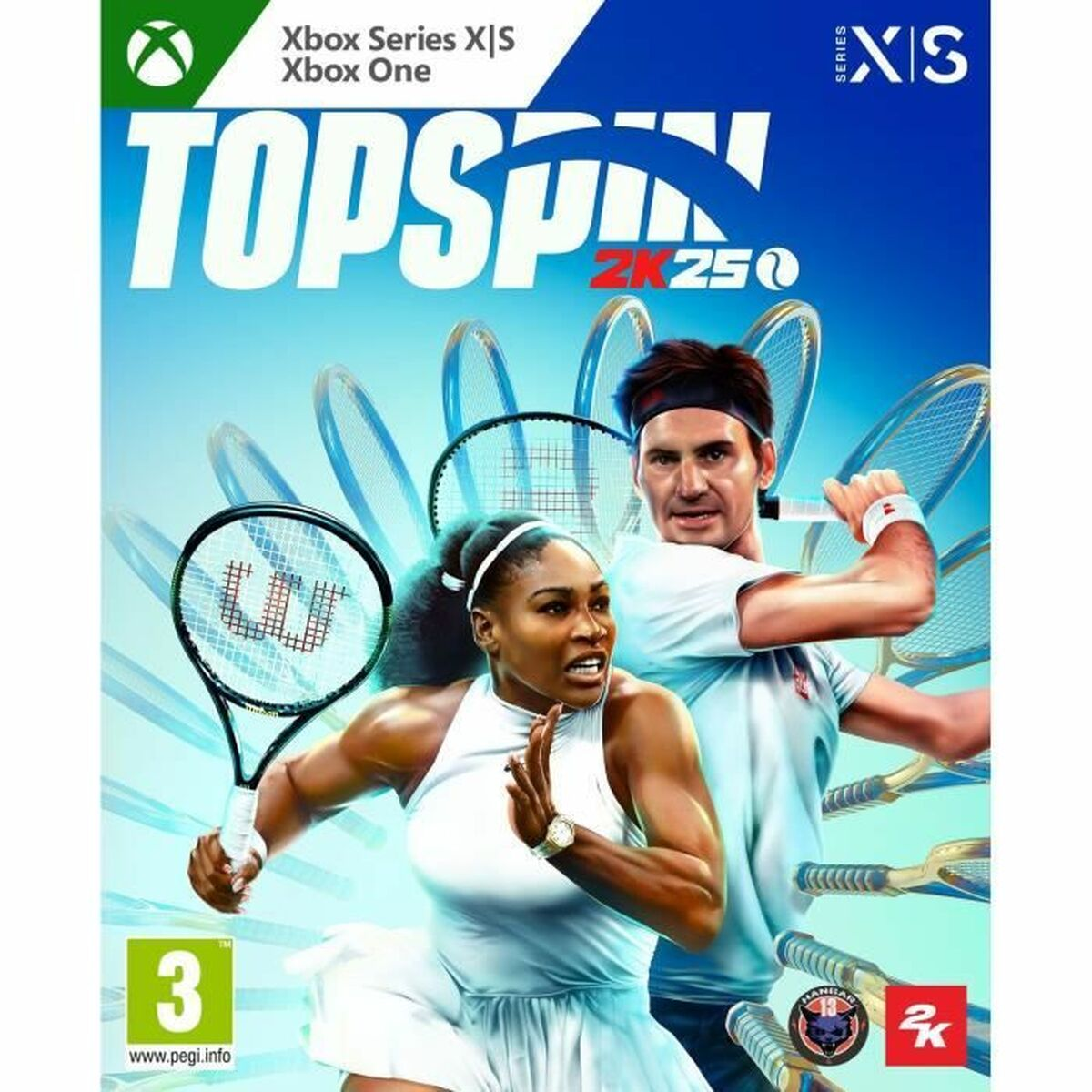 Copertina del gioco TopSpin 2K25 per Xbox con Serena Williams e Roger Federer.