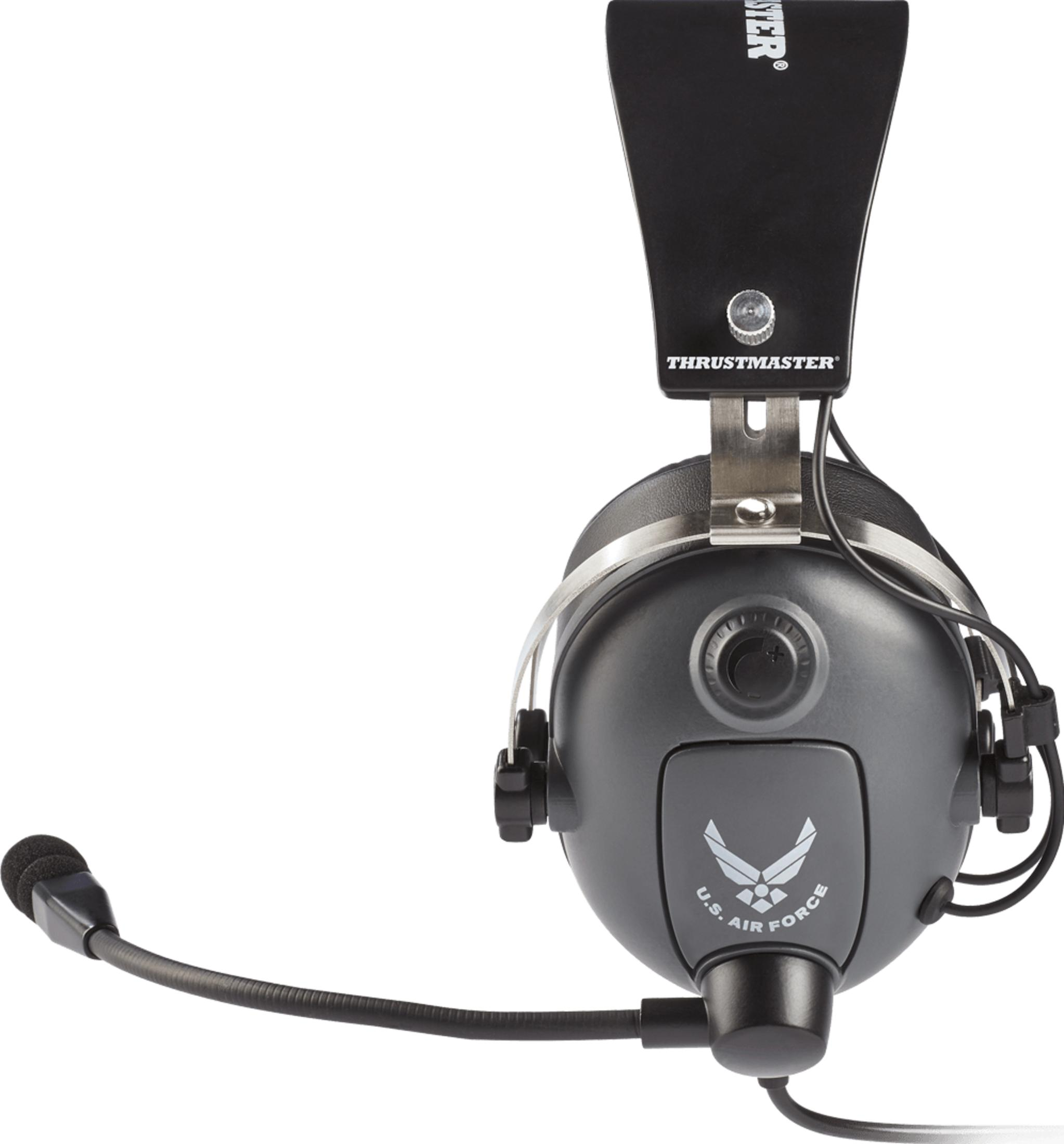 Słuchawki gamingowe Thrustmaster U.S. Air Force z mikrofonem na białym tle.