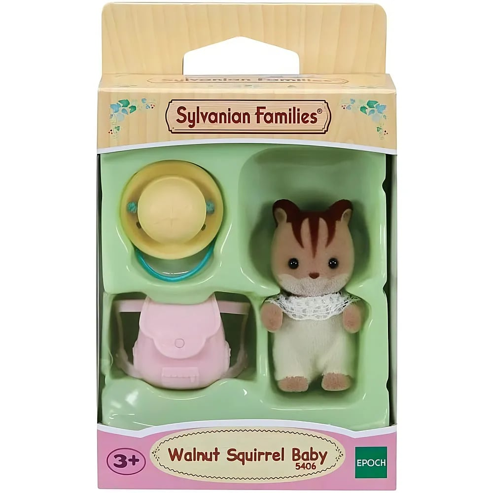 Sylvanian Families Walnußhörnchen Baby in Verpackung mit Hut und Tasche.