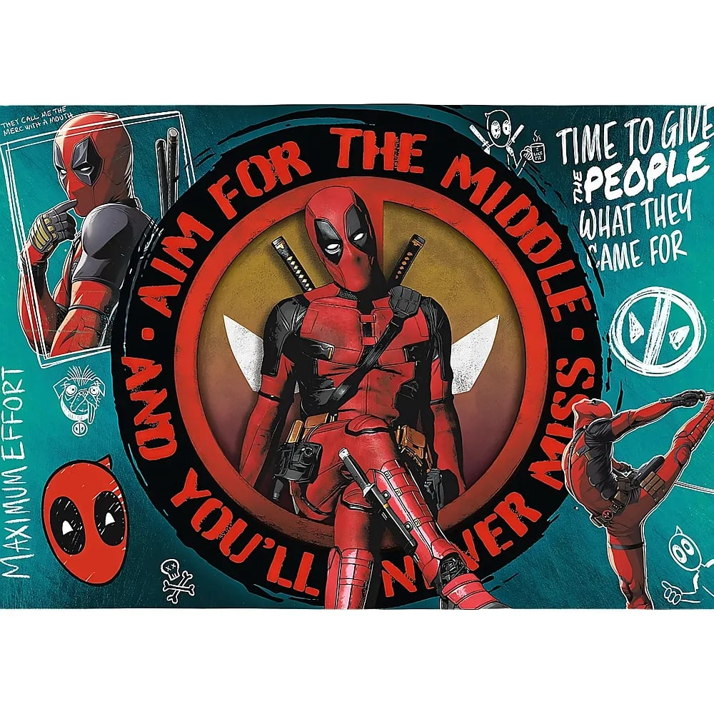 Deadpool-Plakat mit mehreren Posen, roten und schwarzen Farben und Text.