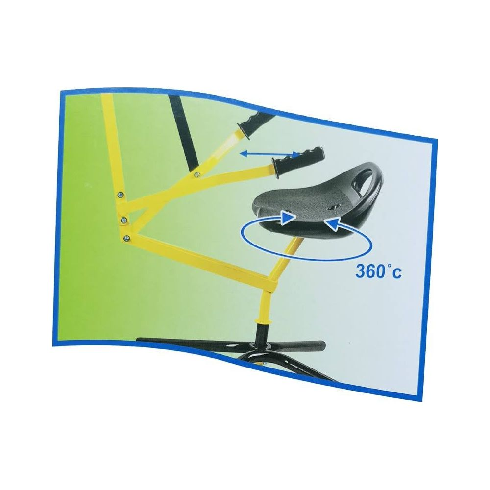 Ein gelber Metallrahmen mit schwarzem Sitz dreht sich um 360 Grad, im Diagramm.