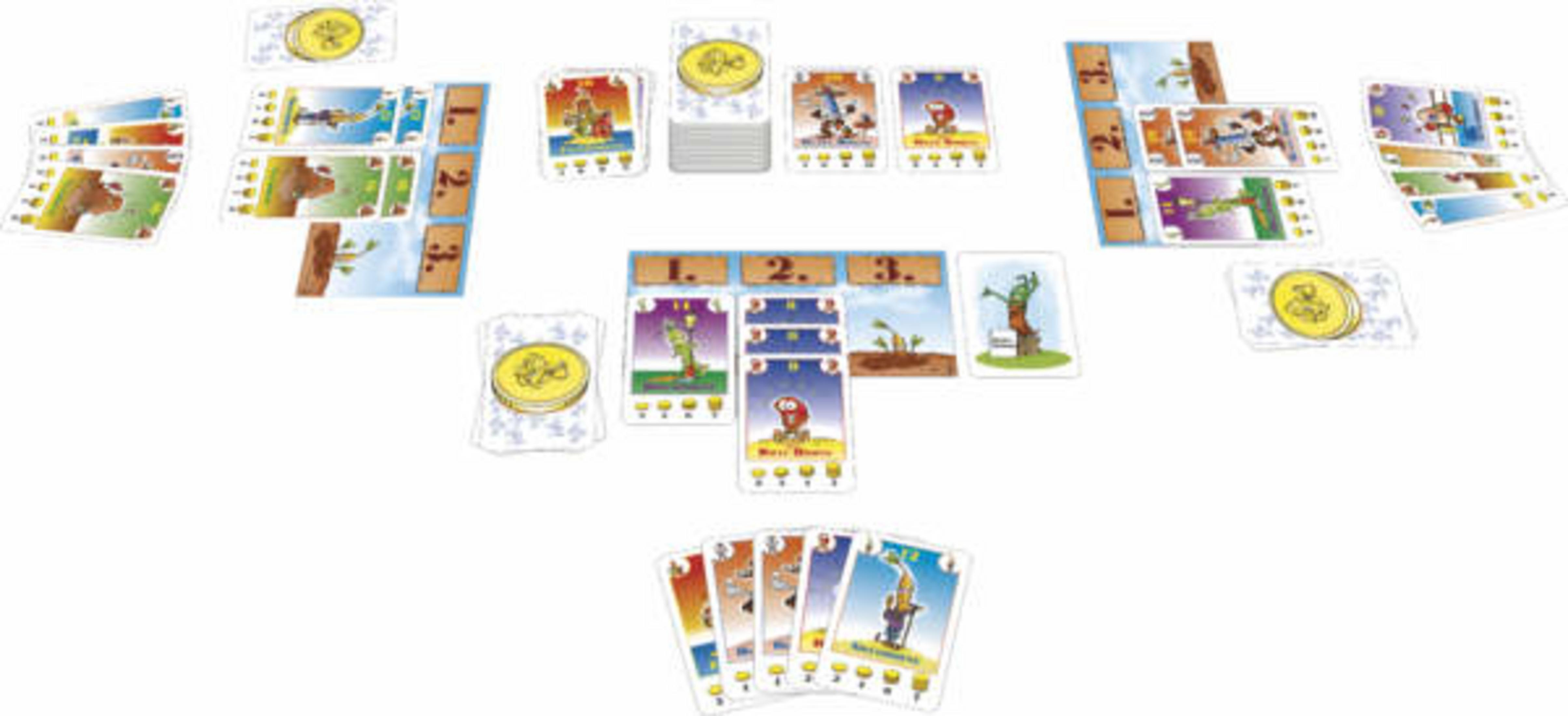 Un jeu de cartes avec des personnages colorés, des plateaux numérotés et des pièces sur fond blanc.