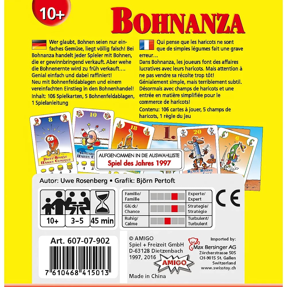 Dos de la boîte de jeu Bohnanza avec règles, illustrations et infos sur fond jaune.