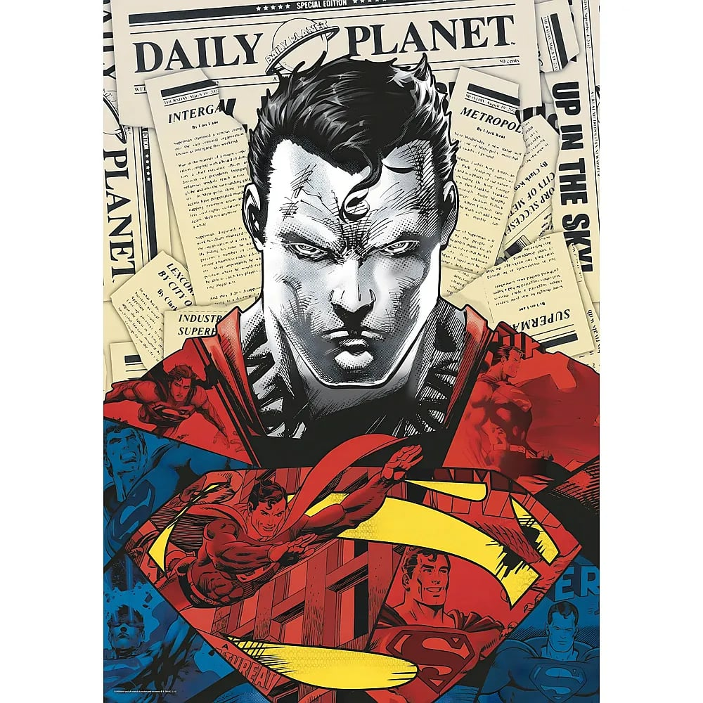 Comic-Illustration von Superman mit Zeitungsausschnitten und dem Daily Planet im Hintergrund.
