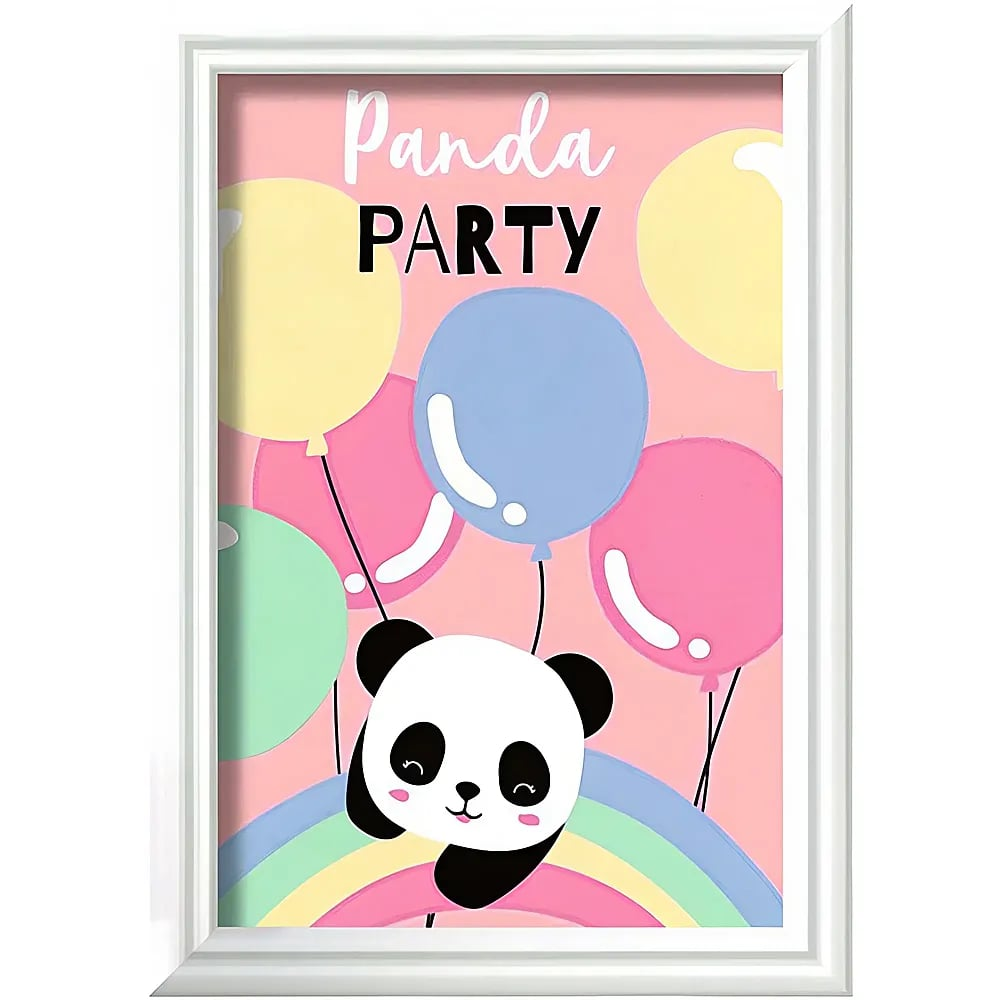Un poster incorniciato con un panda, palloncini colorati, un arcobaleno e la scritta Panda Party su sfondo rosa.