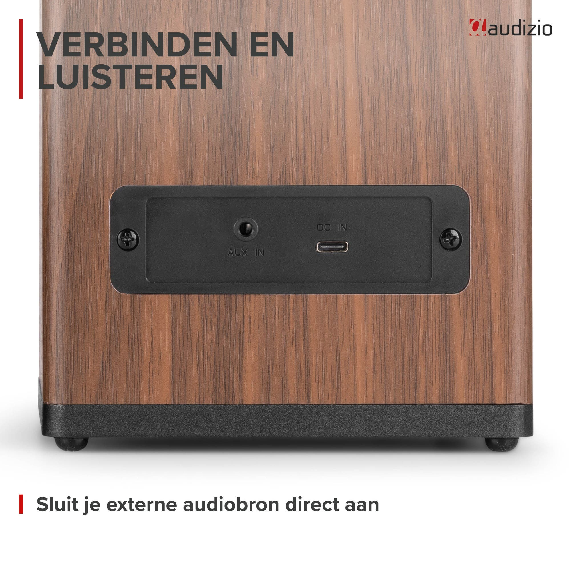 Parte trasera de un altavoz de madera con puertos AUX IN y USB-C DC IN.