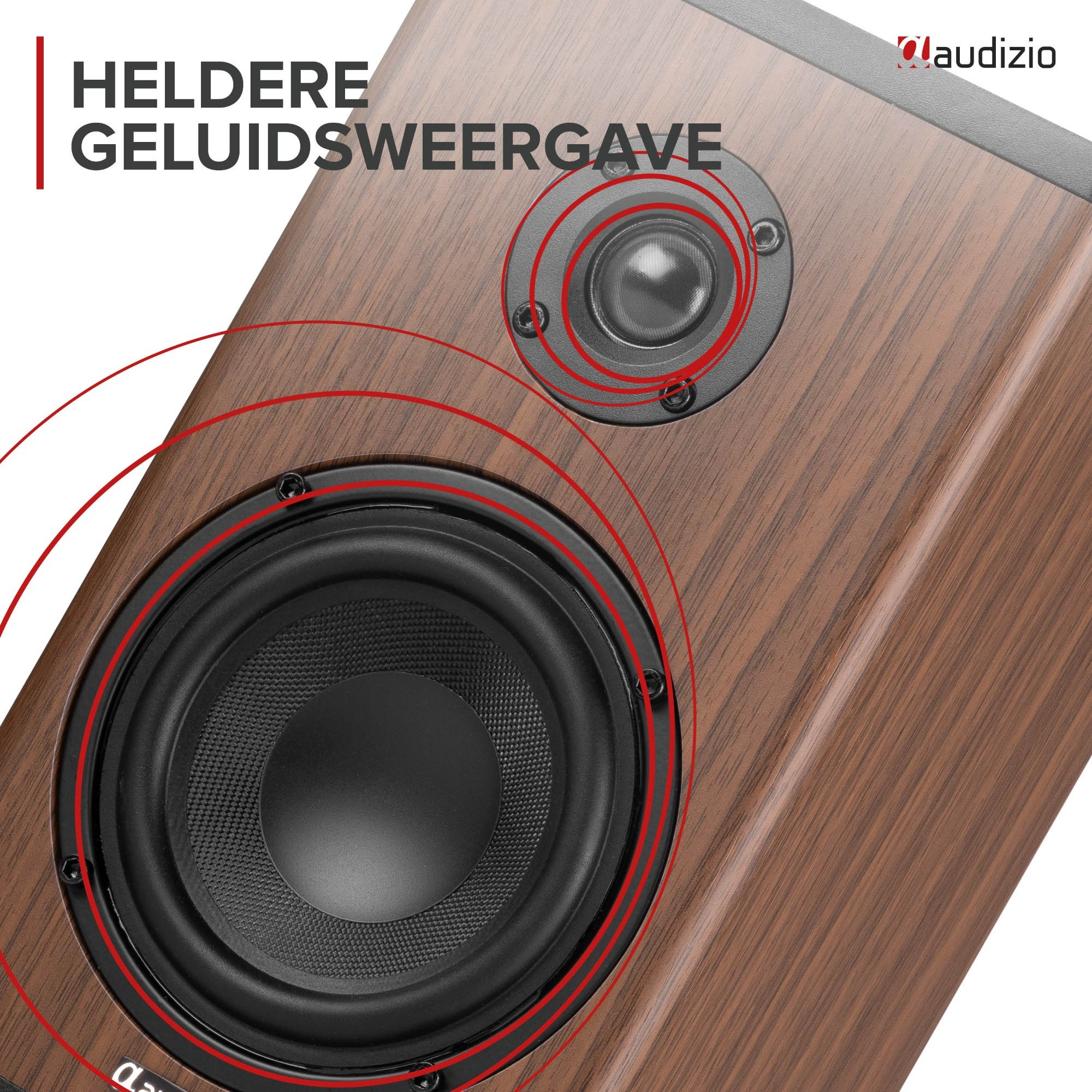 Altavoz de madera con tweeter y woofer, rodeado de círculos rojos de ondas sonoras y texto.