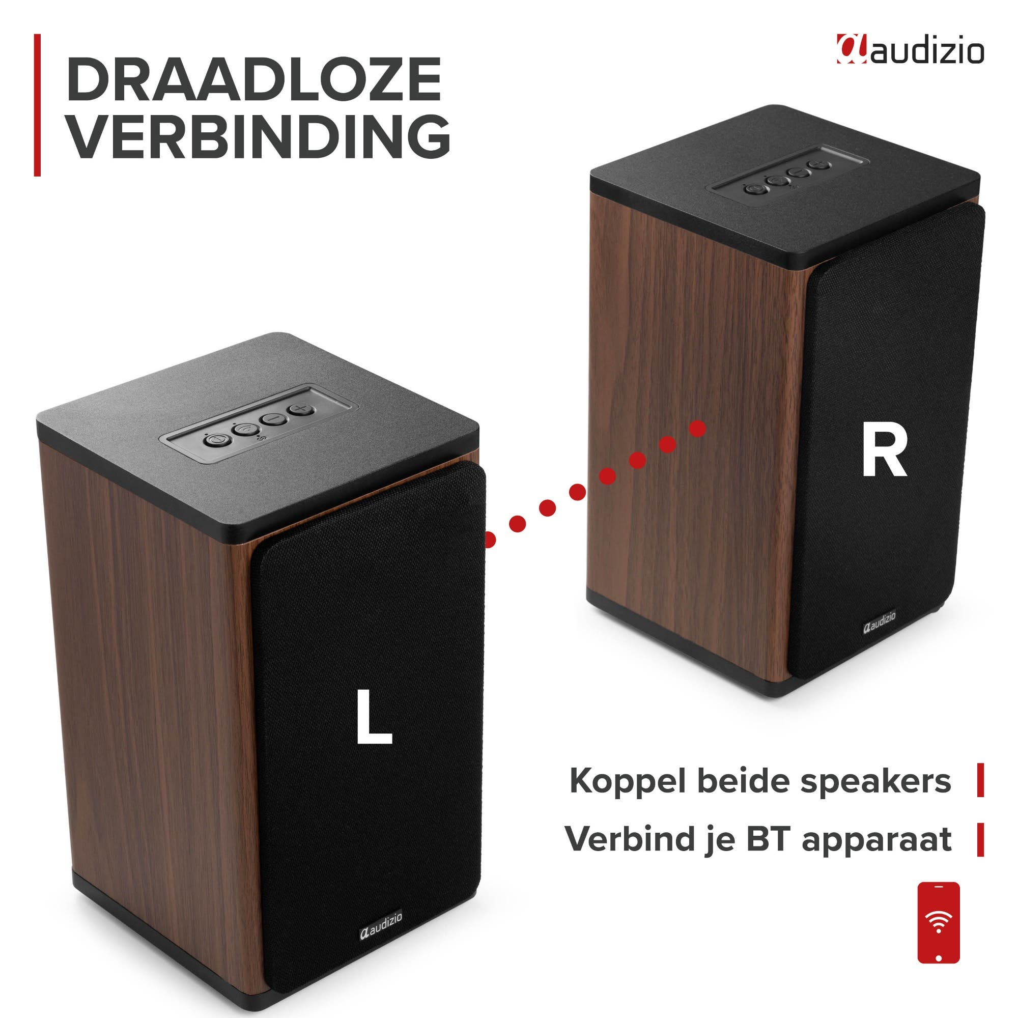 Dos altavoces de madera Audizio inalesámbricos, marcados L y R, conectados por puntos rojos sobre fondo blanco.