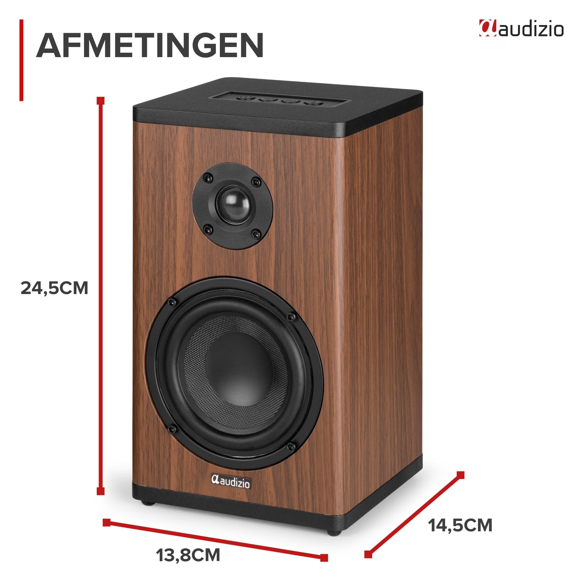 Altavoz Audizio con acabado de madera y dimensiones de 24,5 cm de alto, 13,8 cm de ancho y 14,5 cm de profundidad.