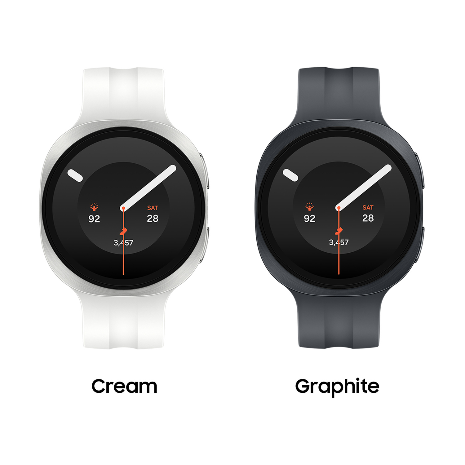 Due smartwatch nei colori crema e grafite con quadranti rotondi su sfondo bianco.