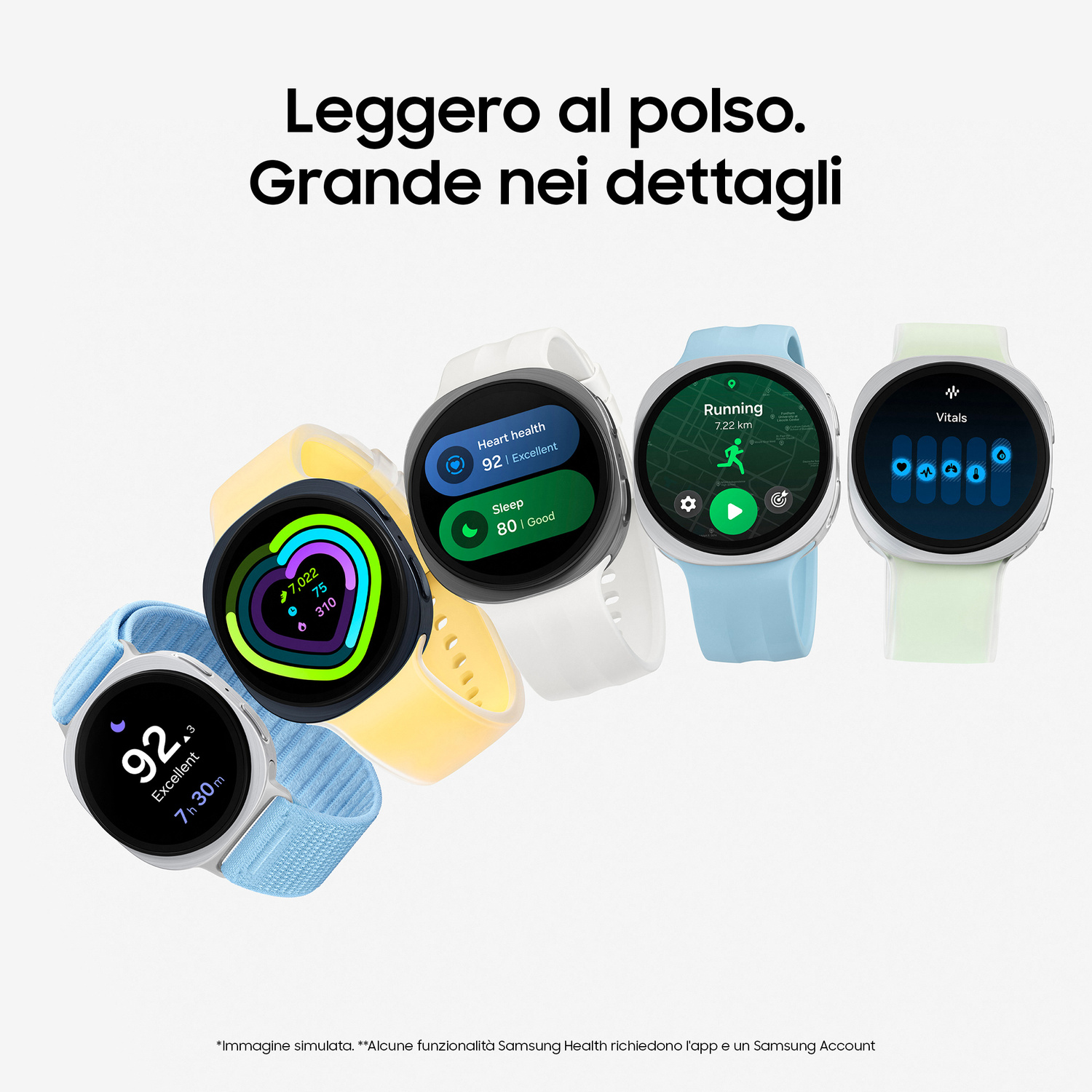 Cinque smartwatch colorati con display di salute e fitness su sfondo chiaro.