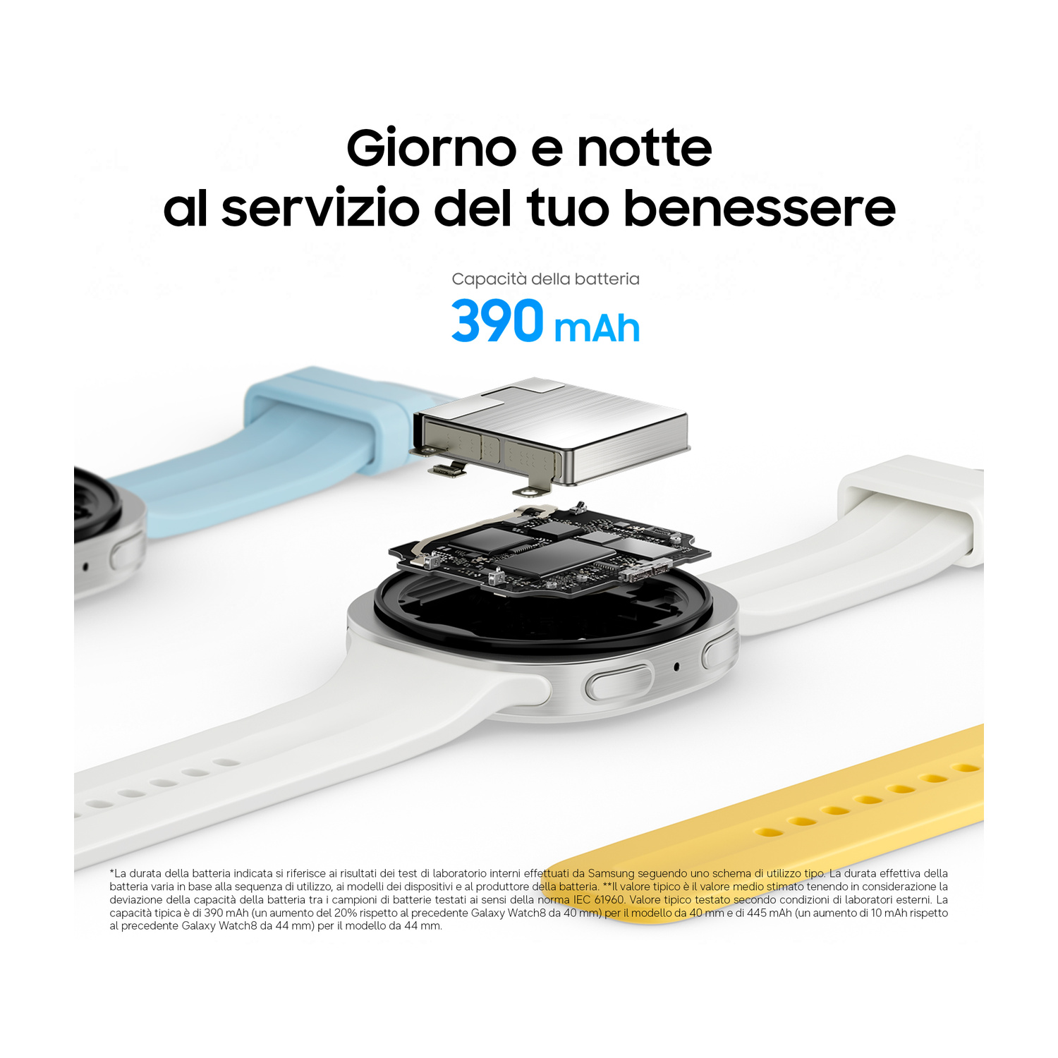 Vista esplosa di uno smartwatch che mostra la batteria e i componenti interni con 390 mAh.