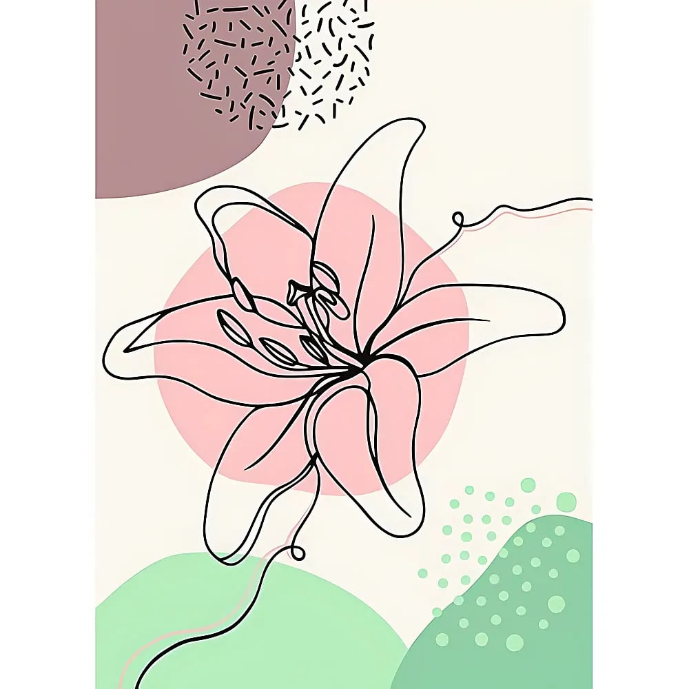 Arte lineare astratta di un giglio su sfondo crema, con forme geometriche e motivi rosa, verdi e marroni.