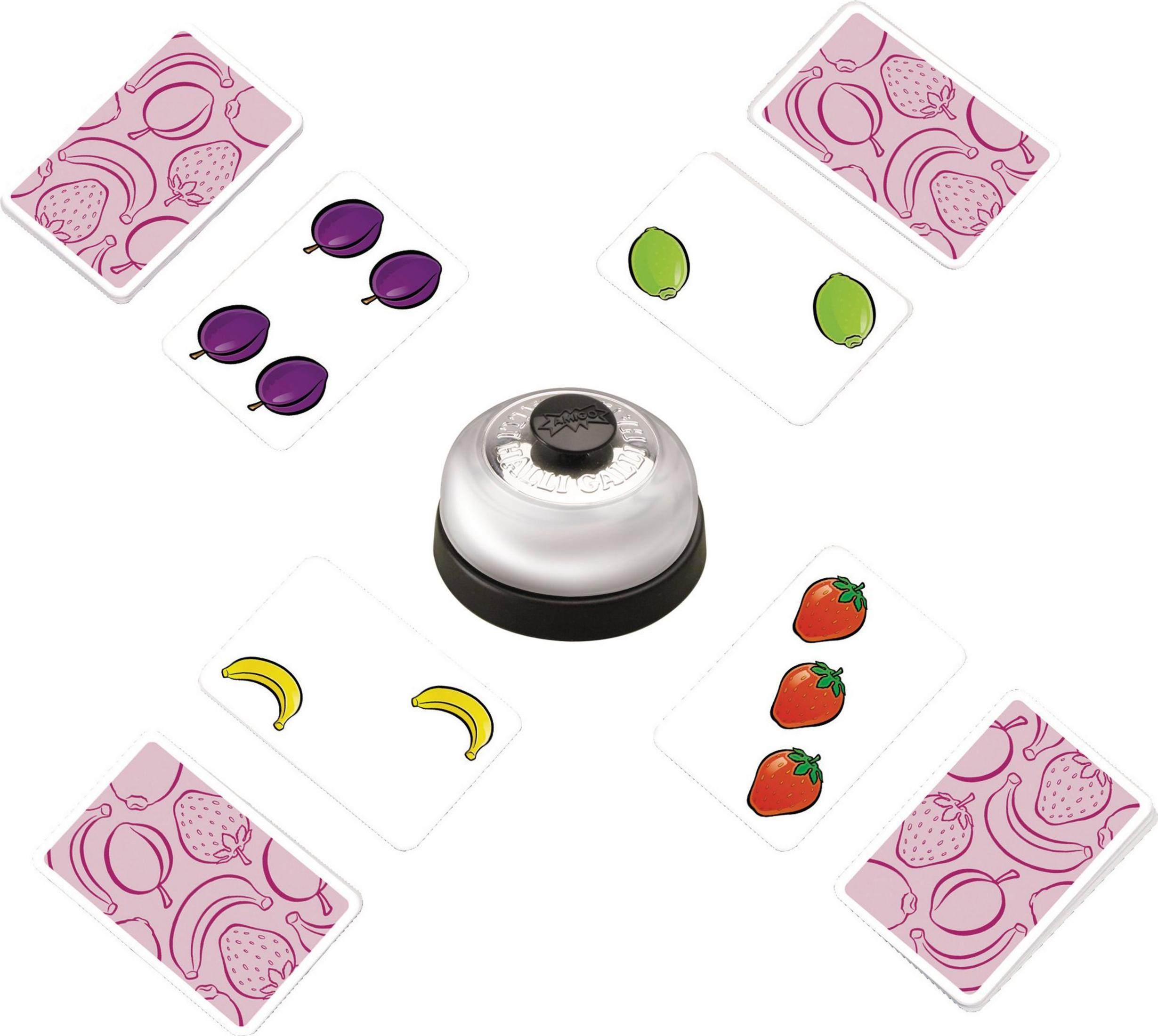 Un campanello da tavolo al centro circondato da carte con frutta come susine, lime, banane e fragole.