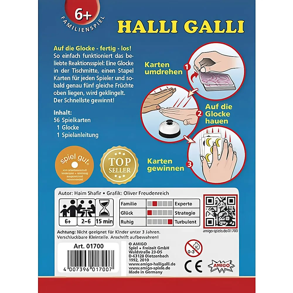 Retro della scatola del gioco Halli Galli con regole, illustrazioni e dettagli del gioco su sfondo blu.