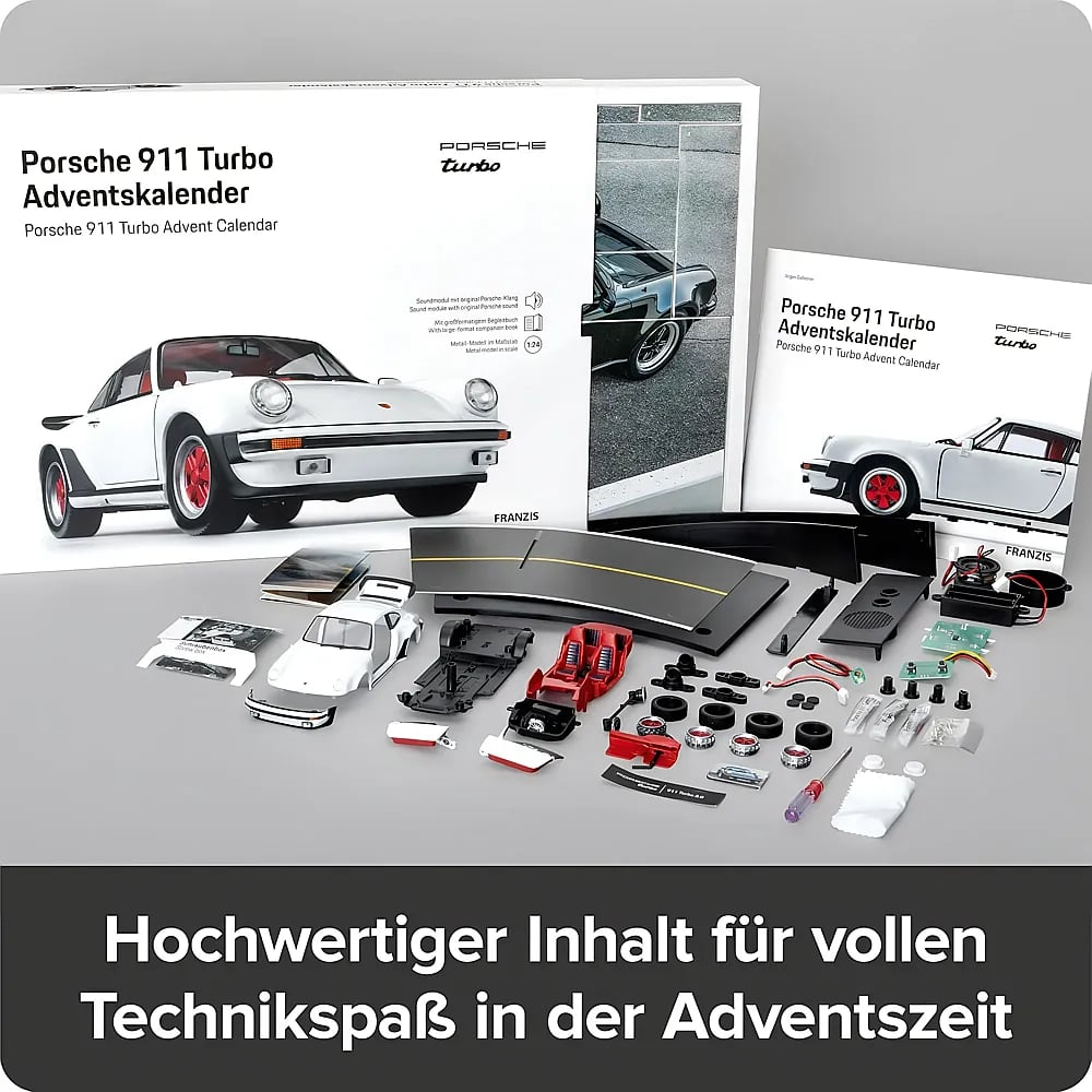 Porsche 911 Turbo Adventskalender mit zerlegtem Modell, Teilen, Anleitung und Verpackung auf weißem Grund.