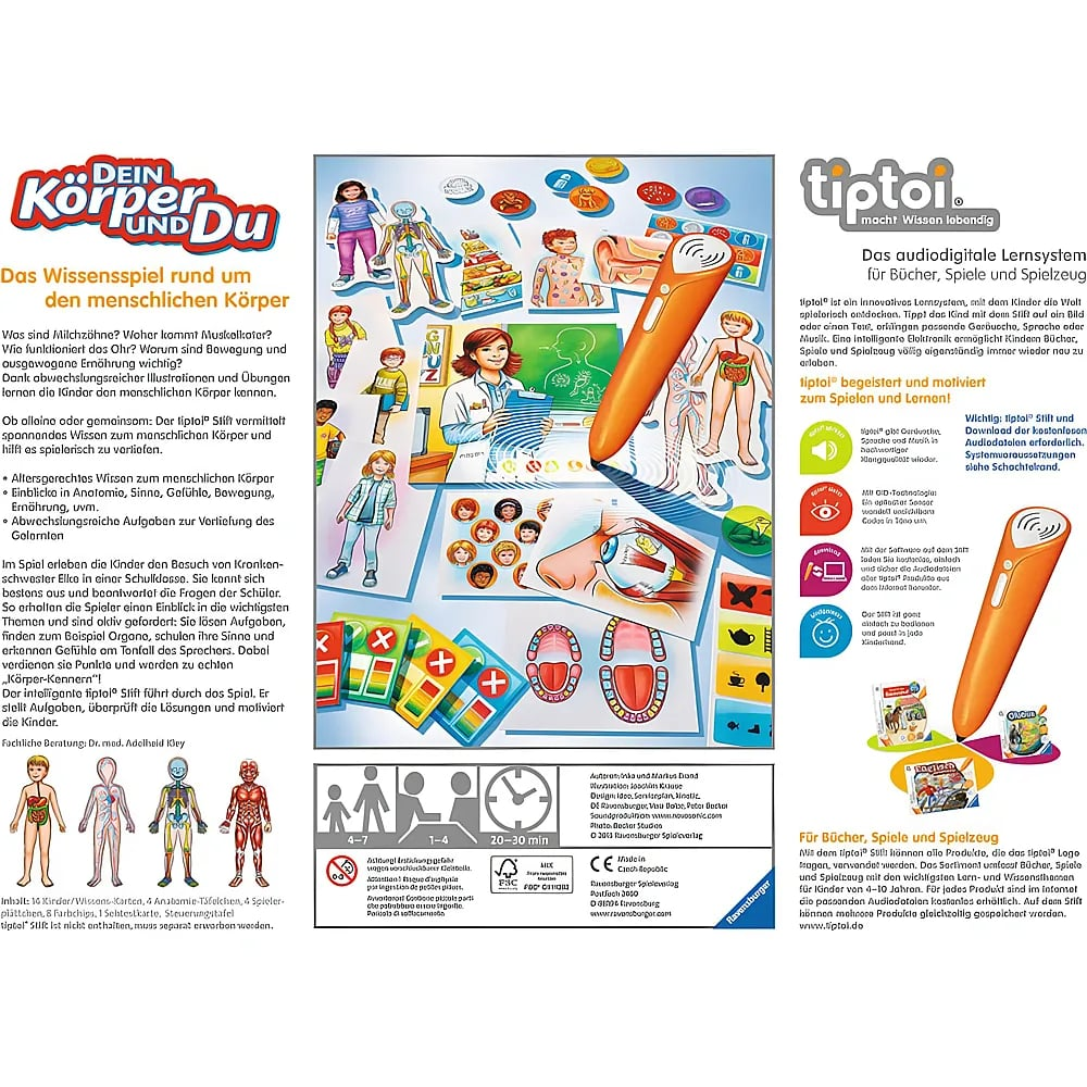 Gioco educativo Tiptoi 'Il tuo corpo e tu' con penna, infografica e testo.
